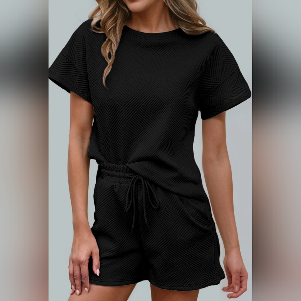 #312 SALE 🛑38 S,L  Comfy 2pcs Solid Textured Drawstring Shorts Set